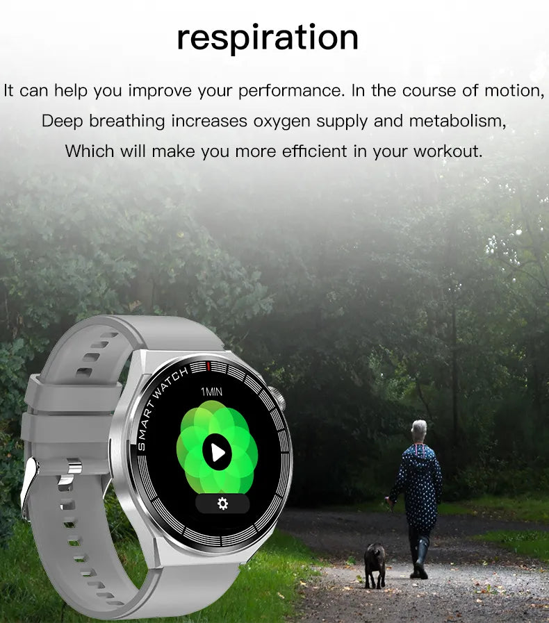 a person walking a dog on a path with a smart watch
