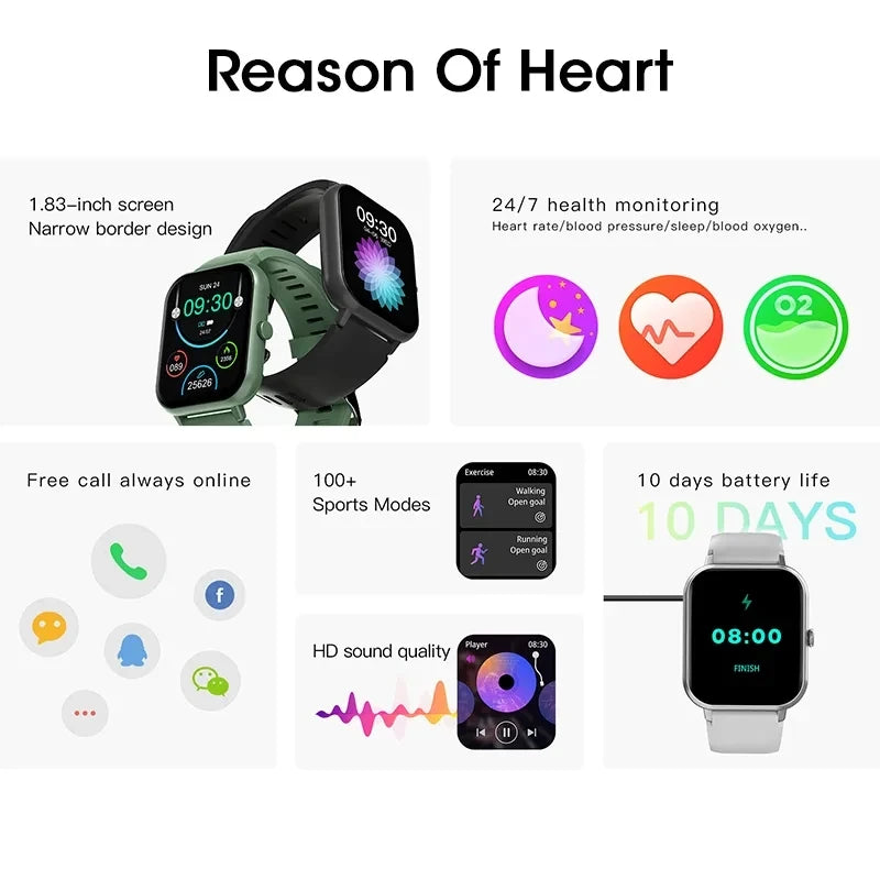 Bluetooth Call Smartwatch for Android & iOS, 1.83" Screen, Blood Pressure, Fitness Tracker - Smart Watch Fun